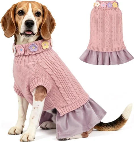 Vista 27 de YUDODO Small Dog Sweater Dress with Bowtie Turtleneck - Knitted Pet Clothes Dusty Pink