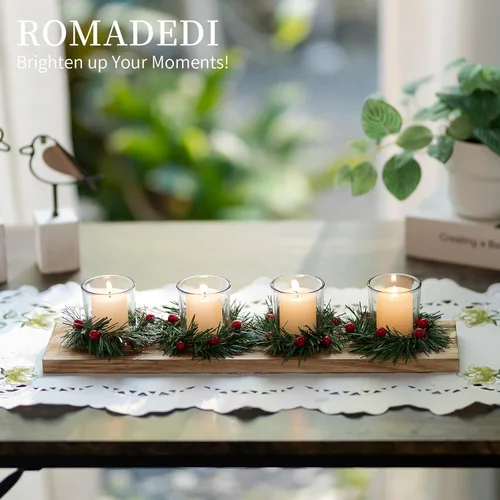 Vista 7 de Portavelas de Navidad para decoración de centro de mesa: Romadedi Rustic 4 portavelas con mini coronas de Navidad, bandeja de madera para Navidad