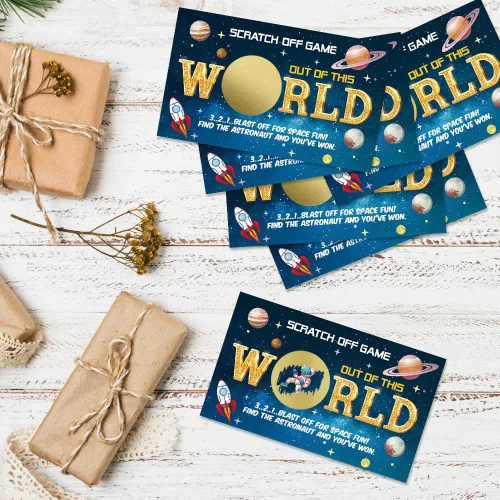 Vista 4 de 50 tarjetas para rascar fuera de este mundo, divertidas tarjetas para raspar con temática del espacio exterior para cumpleaños, fiesta de baby