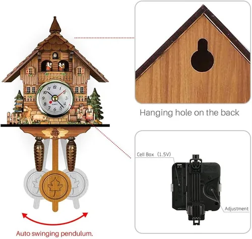 Vista 3 de Reloj de cuco antiguo de madera de cuco, casa de pájaros, reloj de pared, decoración del hogar, reloj de cuco colgante, péndulo oscilante