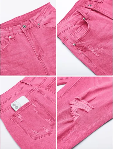 Vista 5 de luvamia Pantalones capri para mujer, elásticos, de cintura alta, desgastados, rasgados, ajustados, recortados