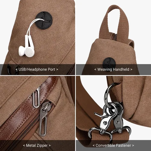 Vista 7 de WITZMAN Bolso bandolera de lona para hombres y mujeres, mochila convertible cruzada, estilo vintage, bolsa de pecho de viaje casual (A8003 marrón)