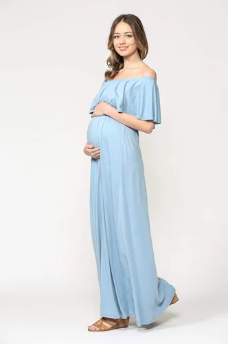 Vista 5 de Vestido de maternidad con hombros descubiertos, vestido largo para mujeres embarazadas, para fiestas de recién nacidos, o sesiones de fotos