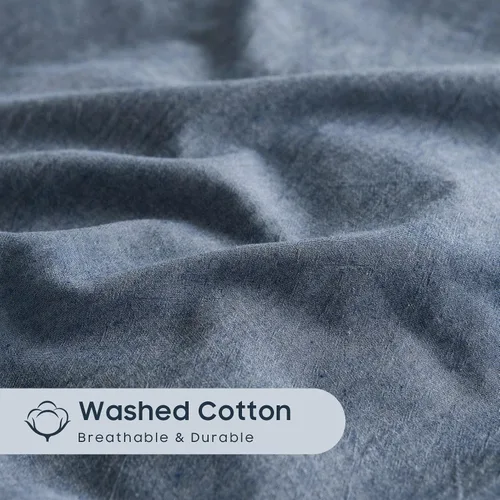Vista 6 de Wake In Cloud – Juego de funda de edredón de algodón, tamaño individual, azul denim cambray, 100% algodón lavado, con textura parecida al lino
