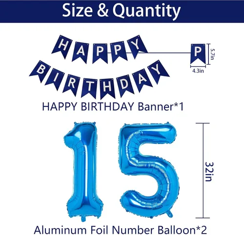 Vista 4 de Decoraciones azules para fiesta de cumpleaños número 15, pancarta de feliz cumpleaños, globos de número 15, serpentinas de estrellas azules