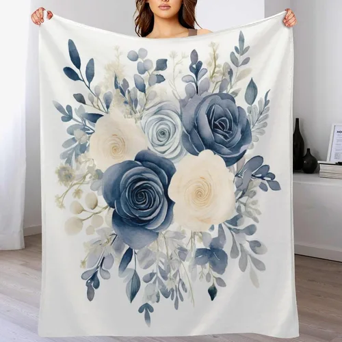 Vista 7 de Manta de flores de acuarela azul marino, bohemias, manta de acuarela floral con coronas de rosas y hojas de peonías, lujosa, cálida y acogedora