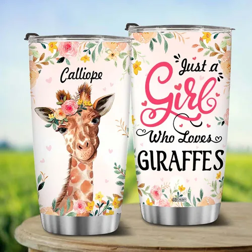 Vista 5 de BECHUSKY Vaso de acero inoxidable personalizado con aislamiento al vacío de flores de jirafa con tapa Just A Girl Who Loves Giraffes, taza de café