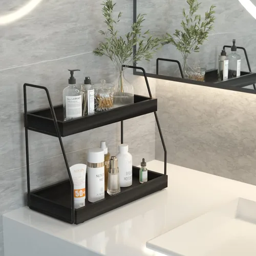 Vista 2 de ZGO Organizador moderno de 2 niveles para encimera de baño, estante organizador de fregadero de madera para almacenamiento de tocador, esquina
