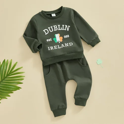 Vista 6 de Muasaaluxi Conjunto de ropa de 2 piezas para bebé del Día de San Patricio, sudadera de trébol de manga larga, pantalones deportivos verdes, conjunto