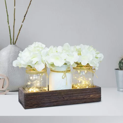 Vista 5 de Fowecelt Luces de tarro de masón, decoración de centro de mesa para comedor, sala de estar, cocina, decoración de mesa de madera, bandeja de madera