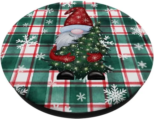 Vista 2 de Lindos gnomos de Navidad, copos de nieve a cuadros verdes y rojos, estilo vintage, PopSockets estándar PopGrip