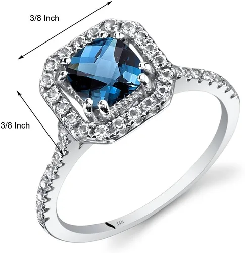 Vista 2 de Peora Anillo de topacio azul de Londres para mujer, oro blanco de 14 quilates con topacio blanco, piedra natal genuina, corte cojín de 1 quilate