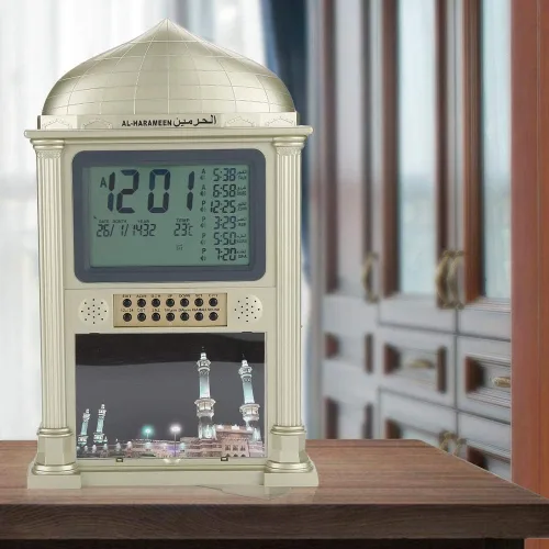 Vista 2 de Reloj despertador islámico de alta calidad, reloj despertador automático de plástico musulmán Azan oración calendario digital con pantalla de hora