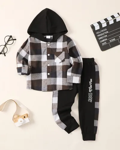 Vista 2 de Conjunto de ropa para bebé y niño, a cuadros, manga larga, sudadera con capucha y pantalones para otoño e invierno