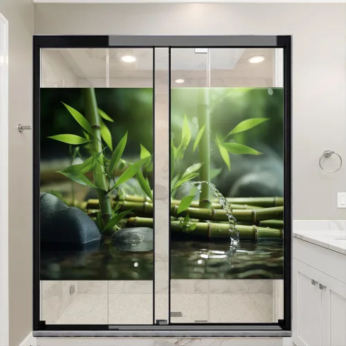 Vista 7 de Película de privacidad para ventanas de plantas acuáticas, bambú verde, vintage, botánico, vitral, sin pegamento, película de adherencia estática