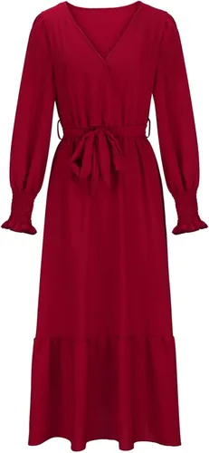 Vista 4 de Vestidos bohemios para mujer, vestido fiesta cóctel fluido gradas, puños ahumados, cuello en V, cintura con lazo