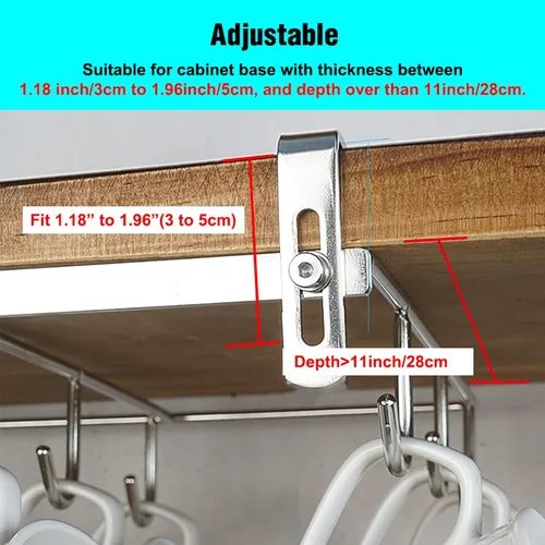 Vista 3 de Soporte para tazas debajo del gabinete para base de gabinete de 1.18 a 1.96 pulgadas de grosor, 9 ganchos, organizador de tazas de café, estante