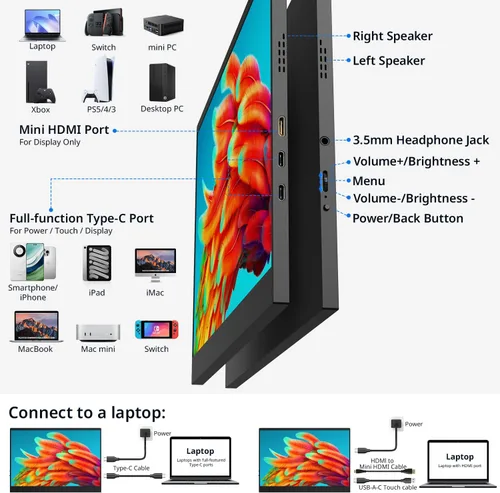 Vista 3 de AYY Monitor portátil 4k, pantalla táctil de 13.4" 3840x2160 Segunda pantalla 100% sRGB, 400cd HDR USB C Ultra Slim IPS Monitor portátil para Mac