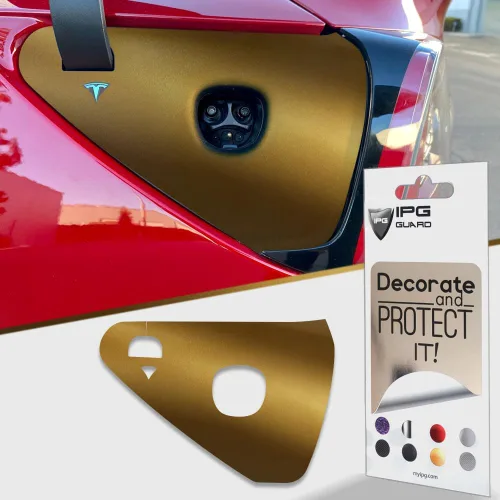 Vista 16 de IPG para Tesla Model 3/Y - Adhesivos de tapa de carga 2021-23 - Juego de pegatinas DIY - Aluminio cepillado oscuro