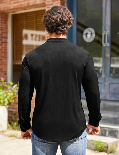 Vista 4 de COOFANDY Camisa de vestir elástica de manga larga con botones de punto acanalado para hombre
