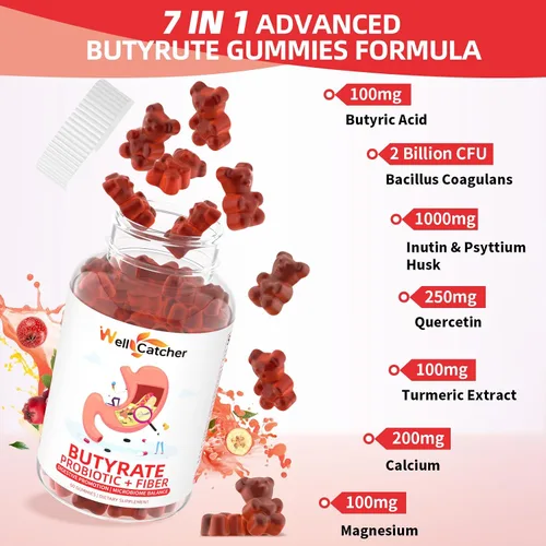 Vista 4 de Gomitas de butirato Suplemento para la salud intestinal: butirato con probióticos y fibra prebiótica gomitas para mujeres y hombres sin azúcar Apoyo