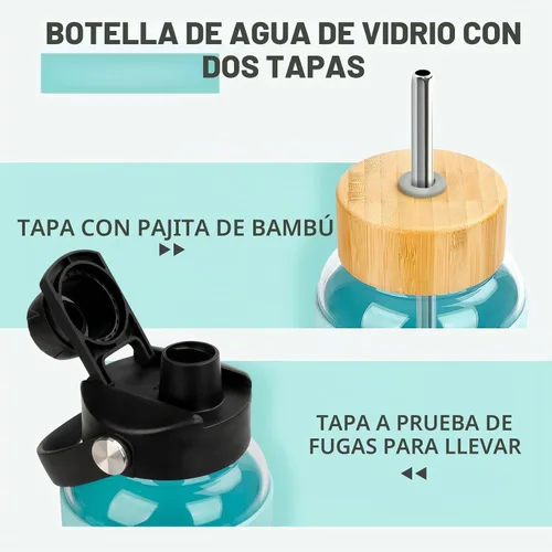 Vista 3 de PROBTTL Botellas de agua de vidrio de 32 onzas, vaso de vidrio de 1 litro, botella de agua de borosilicato con popote, funda de silicona, 2 tapas