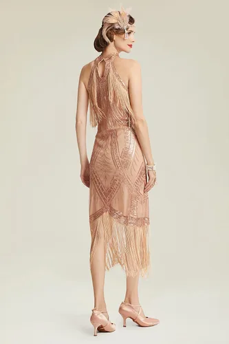 Vista 3 de BABEYOND Vestido de flapper de los años 20 Vestidos largos con flecos Oro rosado