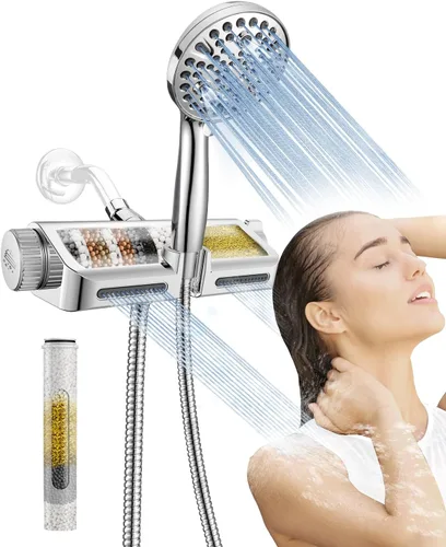Vista 10 de Cabezal de ducha filtrado MakeFit con combo de mano de níquel cepillado - Sistema de spa dual 2-en-1 con cabezal de ducha de masaje y cabezal