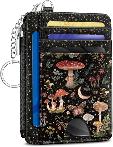 Vista 18 de Kelvoris Tarjetero pequeño para mujer, cartera delgada con bloqueo RFID, llavero con bolsillo para monedas con cremallera, bolsillo frontal