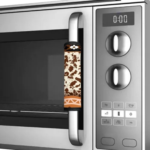 Vista 4 de Juego de 4 fundas para manijas de microondas con diseño de rayas de vaca tribal, azteca, decoración de cocina, antideslizantes, a prueba
