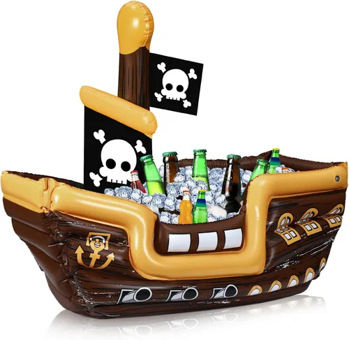 Vista 7 de Zhanmai Enfriador inflable de bebida de barco pirata, contenedor de comida inflable para verano, carnaval, Mardi Gras, fiesta de cumpleaños pirata
