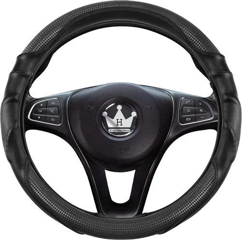 Vista 3 de HighnessHwoo Funda 3D para volante de automóvil, agarre cómodo, masaje deportivo, antideslizante, de fibra de carbono, piel sintética para sedán