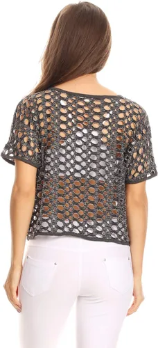 Vista 5 de Malla Sexy Sheer Fishnet See Through Short Sleeve Crop Top T-Shirt