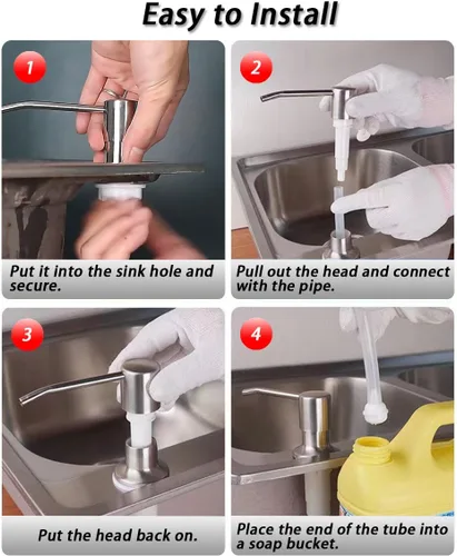 Vista 6 de Dispensador de jabón para fregadero de cocina, cabezal dispensador de jabón integrado de acero inoxidable con tubo de agua de silicona de 3.9 ft/4