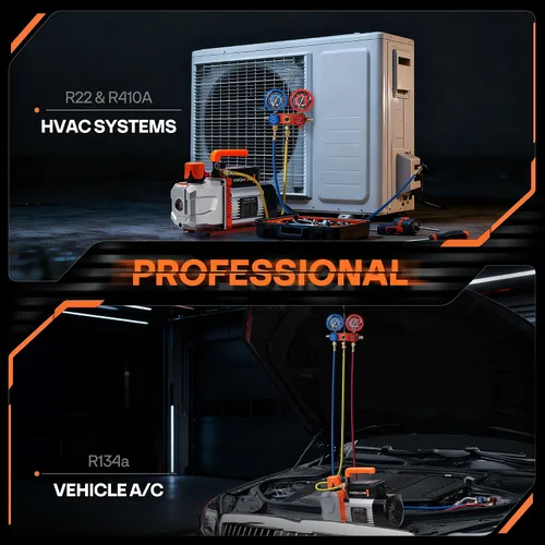 Vista 3 de VIVOHOME Serie VG - Juego de bomba de vacío de CA y medidor, bomba de vacío HVAC de 2 etapas 1/2 HP 5CFM y kit de manómetro de colector de 3 vías