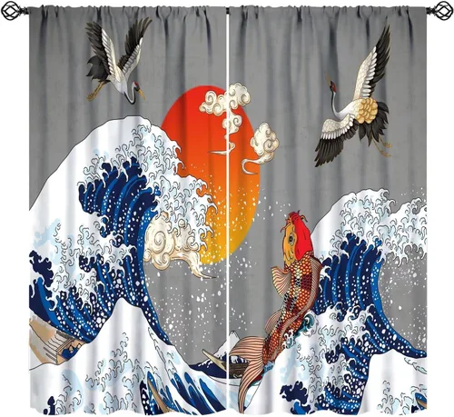 Vista 8 de Koi Fish - Cortinas opacas para cocina, estilo japonés, románticas, con estampado de flores de cerezo, con bolsillo para cortinero, cortinas opacas