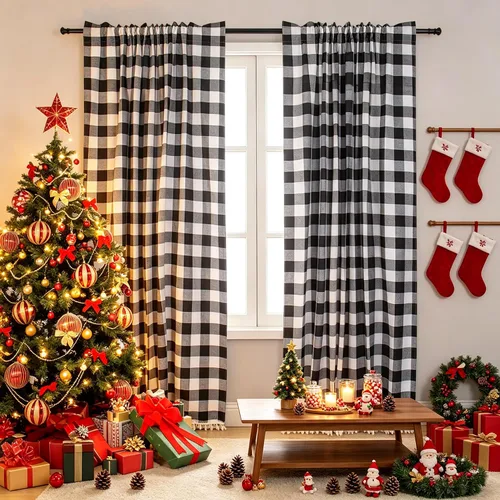 Vista 6 de ShinyBeauty Cortinas de cocina a cuadros negros de búfalo 2 paneles de cortinas opacas con borlas y bolsillo para barra, cortinas opacas de 63