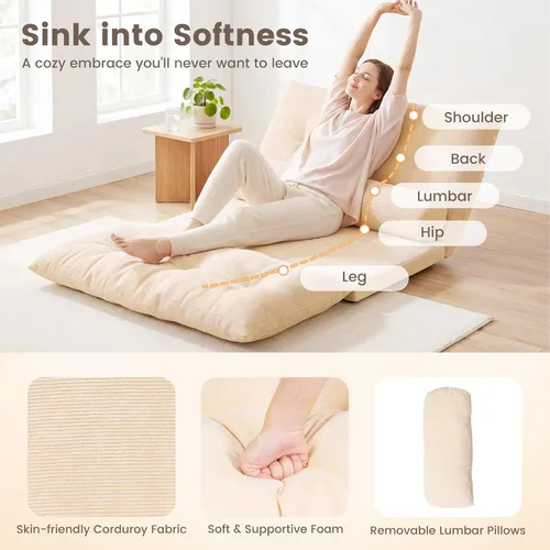 Vista 5 de Giantex Sofá de suelo ajustable con 2 almohadas, sofá cama plegable multifuncional de 6 posiciones, asiento de piso de gamuza multifuncional