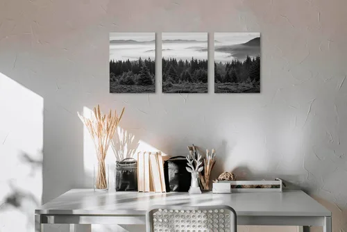 Vista 2 de Lienzo de montaña ahumada en blanco y negro, arte de pared, imágenes de bosque, decoración de pared, árboles brumosos, paisaje, pinturas