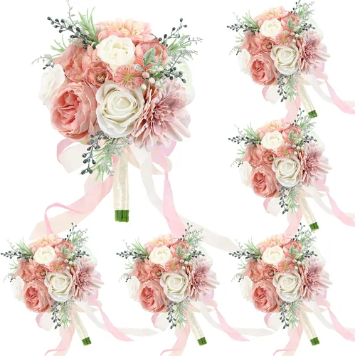 Vista 14 de Ramos de novia bohemios para boda, ramos de 9 pulgadas de flores artificiales para decoraciones de centro de mesa de ceremonia y aniversario, rosas
