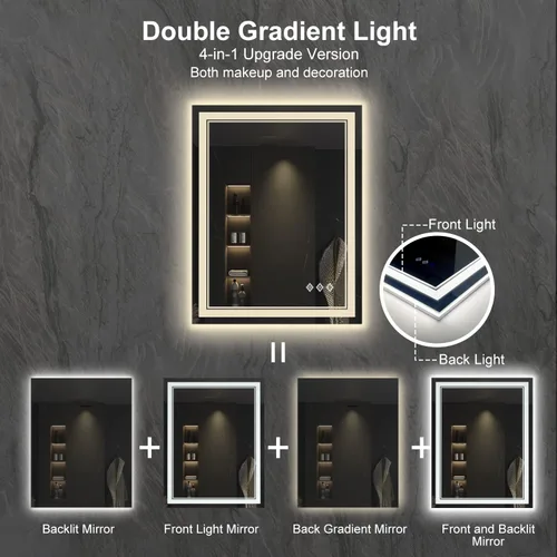 Vista 4 de LED Bathroom Mirror, 24x32 Inch Gradient Front and Backlit Vanity Mirror with Lights, 3 Colors Dimmable CRI>90 Double Lights, IP54 Enhanced