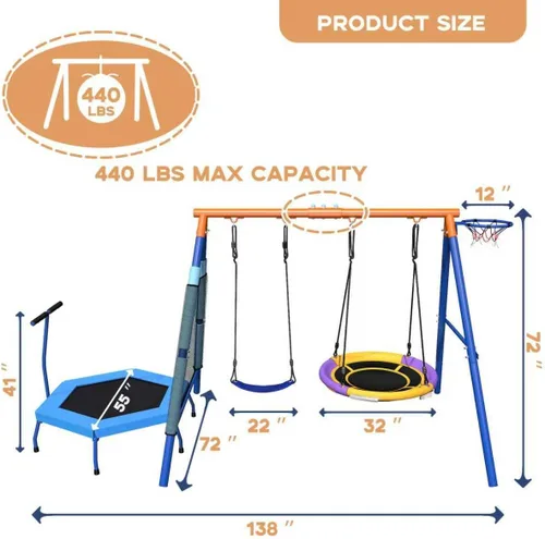 Vista 2 de Juego de columpios para niños 5 en 1 para patio trasero con trampolín, soporte de marco en A resistente de 880 libras, soporte de metal
