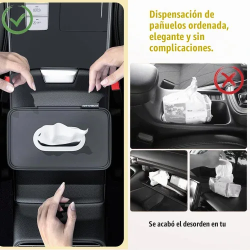 Vista 2 de Soporte para pañuelos de coche, caja de servilletas de tejido de cuero PU, caja de reposabrazos de automóvil, organizador rectangular de servilleta