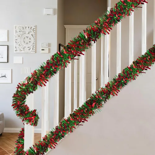 Vista 6 de Guirnalda de oropel de Navidad de 50 pies, guirnalda metálica torcida roja y verde, decoración navideña gruesa y brillante para árbol, manto
