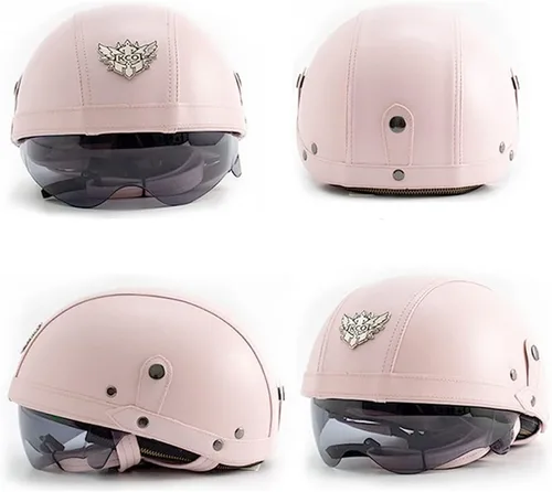Vista 2 de Casco retro de cuero vintage para motocicleta, para hombres y mujeres, adultos, para scooter, bicicleta, crucero, con gafas y lente solar