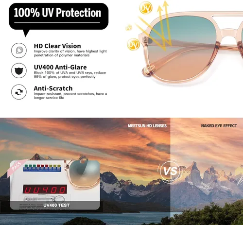 Vista 6 de MEETSUN Lentes de sol estilo aviador retro cuadrados de los años 70 para mujeres y hombres, lentes de sol vintage de doble puente con protección UV