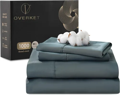 Vista 5 de Sábanas de algodón egipcio tamaño matrimonial de 1000 hilos, tejido satinado, suave, transpirable, bolsillo profundo de 16 pulgadas, 4 piezas