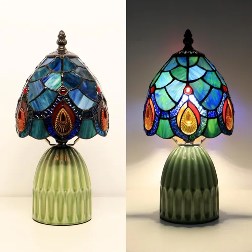 Vista 4 de Tiffany Stained Glass Mushroom Table Lamp 12.5 Inch -Blue Peacock Tiffany Lamp,6X6X12.5 Inch,Small Night Light,Ceramic Base, Mini Accent Light