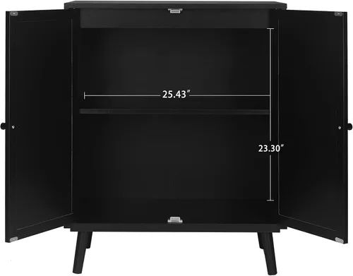 Vista 6 de Aparador de buffet, armario de almacenamiento de cocina con puertas decoradas de ratán, mesa de consola de 4 puertas, armarios de buffet