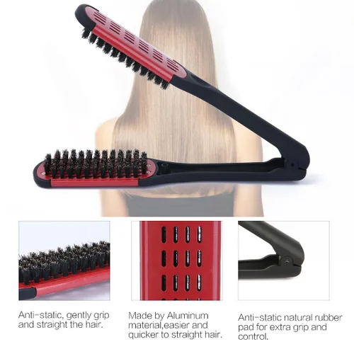 Vista 2 de Cepillo de pelo con abrazadera de cerdas de jabalí, enderezadora de cerámica de doble cara con abrazadera, desenredar y peinar el cabello